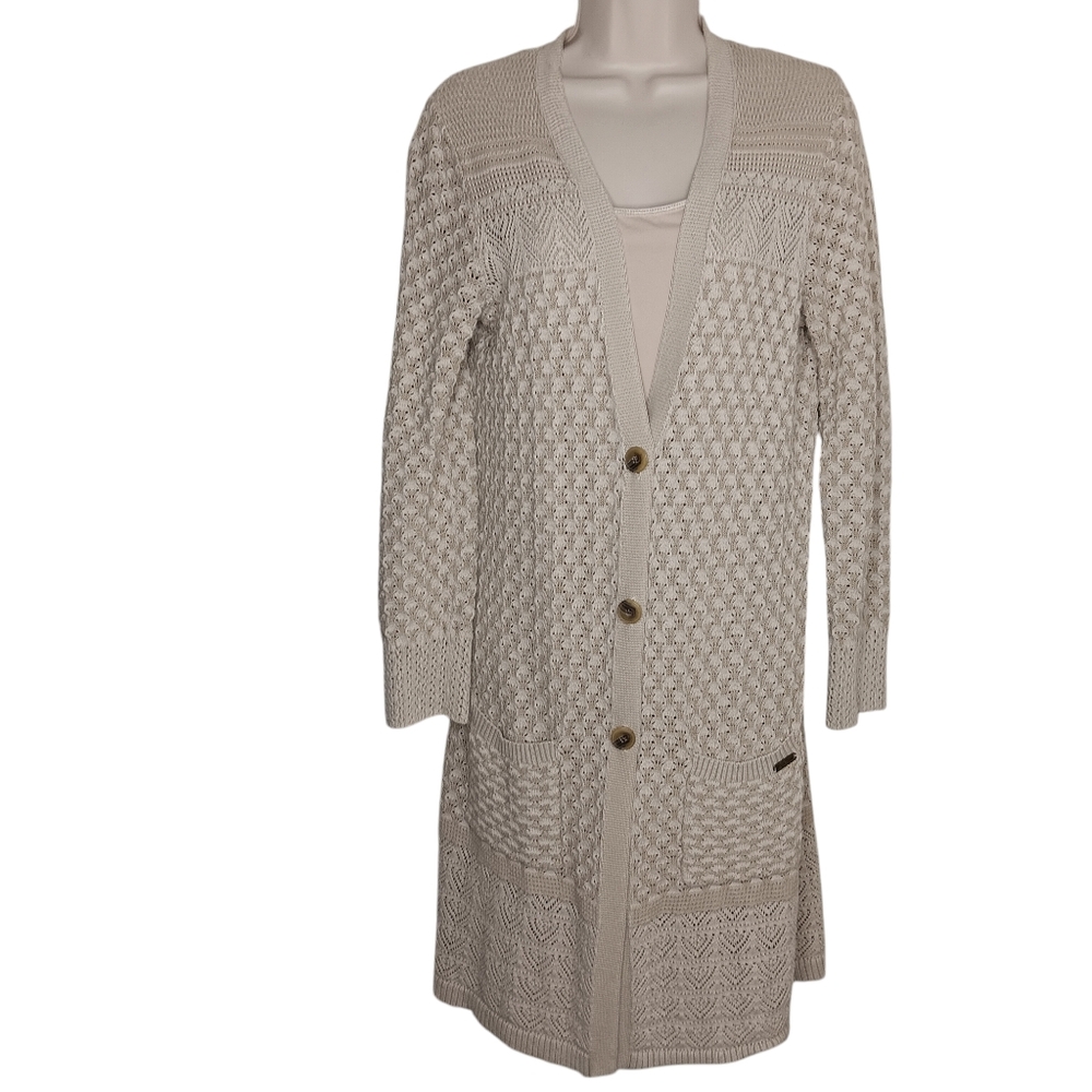 EDDIE BAUER Duster Cardigan Sweater Women's Size Small Crochet Pockets 3 Buttons
